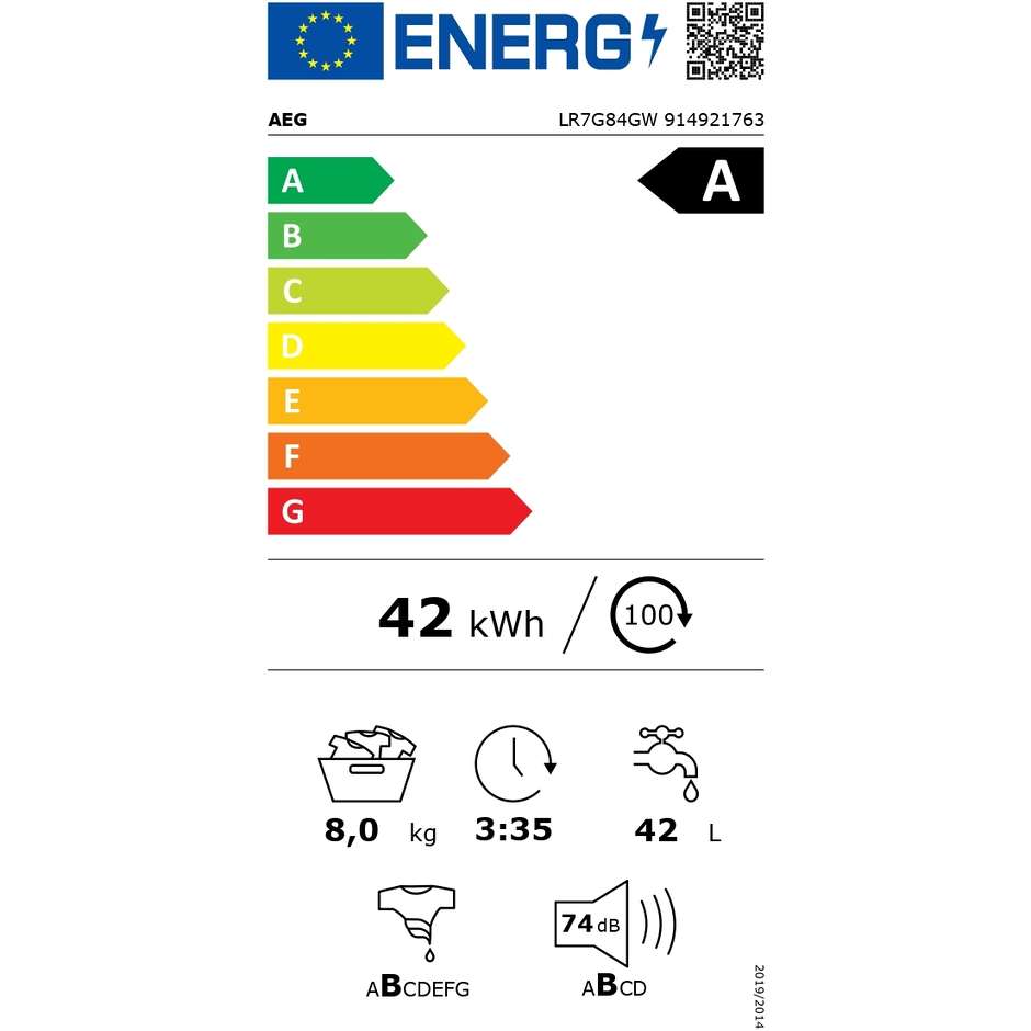 Aeg LR7G84GW 914921763 Lavasciuga 8+5 kg 1400 Giri/min Classe A Bianco