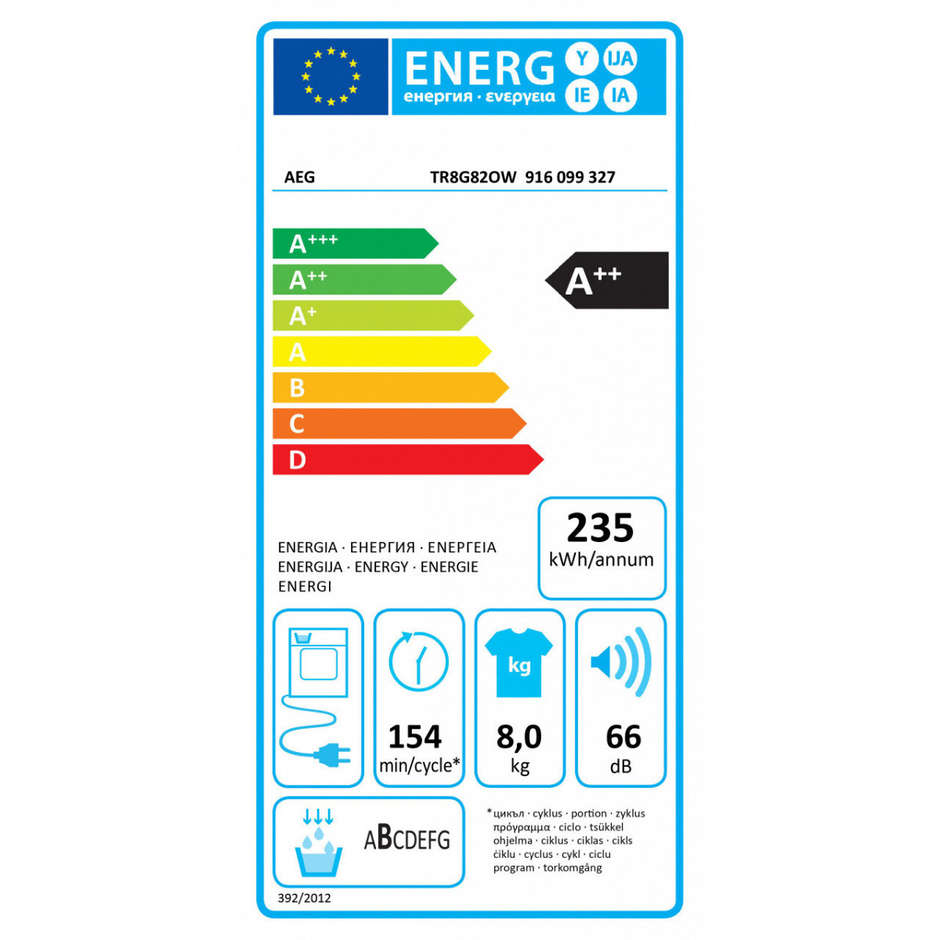 AEG Serie 8000 TR8G82OW Asciugatrice a Pompa di Calore 8 kg AbsoluteCare SensiDry Woolmark Blue Bianco