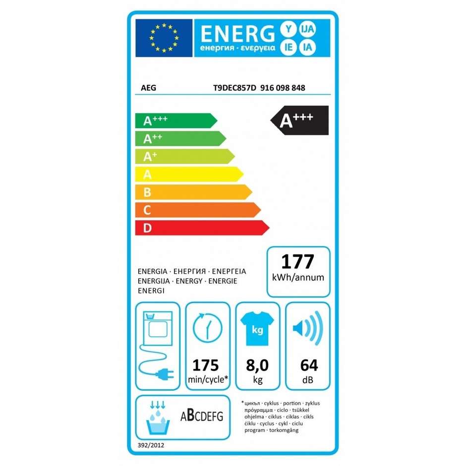 AEG T9DEC857D Asciugatrice Pompa di Calore Capacità 8 Kg Classe A+++ colore bianco