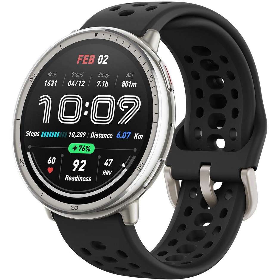Amazfit Active 2 Round Smartwatch cassa 44 mm display AMOLED 1,32” Bluetooth GPS colore argento cinturino nero