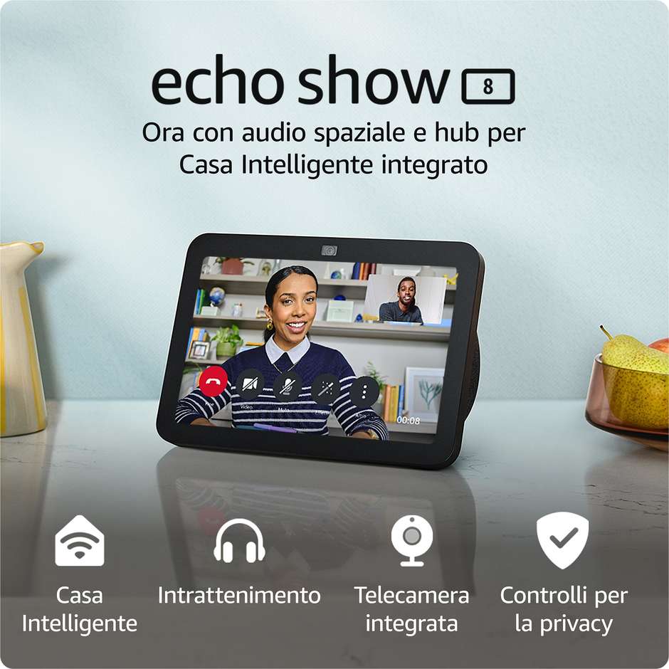 Amazon Echo Show 8 (3ª gen., modello 2023) Schermo touch intelligente HD con audio spaziale Hub per Casa Intelligente e Alexa Colore Nero