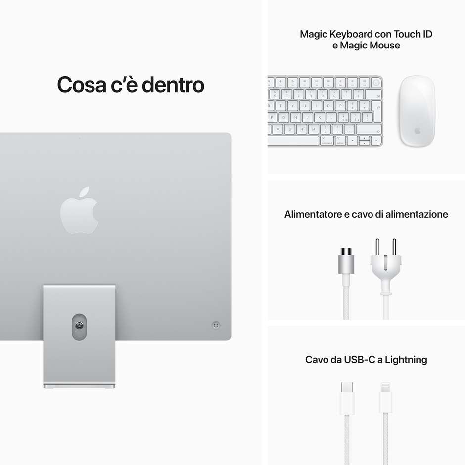 Apple iMac 24" 4.5K Retina (MGPD3T/A) All-in-One Chip Apple M1 CPU 8-Core GPU 8-Core 8GB Memoria Unificata SSD 512GB 2x Thunderbolt/USB 4 2x USB-C Magic Keyboard con Touch ID Argento