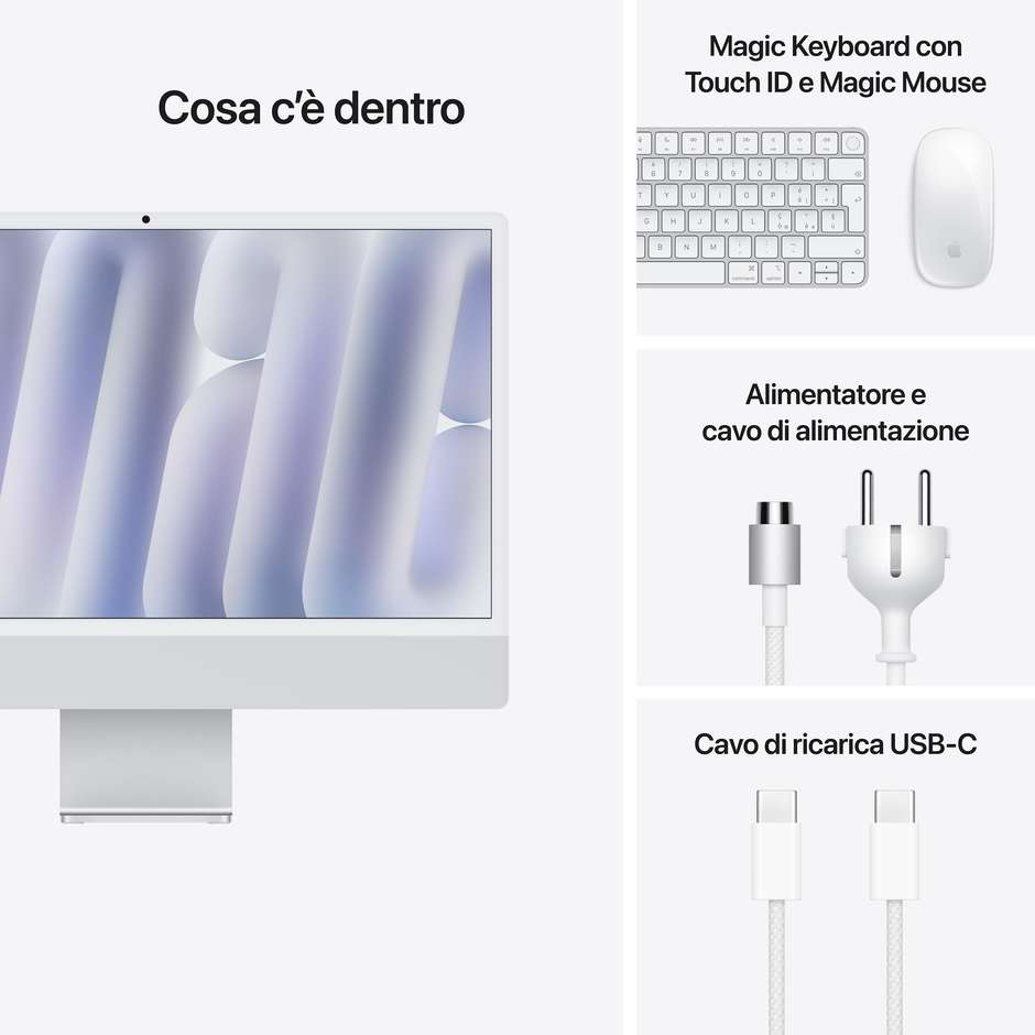 Apple iMac 24" 4.5K Ultra HD M4 Ram 16 GB Memoria 512 GB 500 cd/m² macOS Sequoia Colore Argento