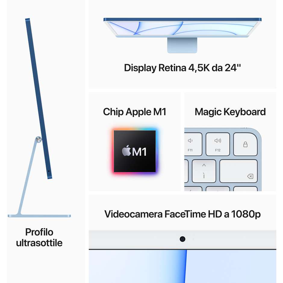 Apple iMac 24" PC All-In One 24" 4.5K Ultra HD Memoria 256 Gb macOS Big Sur colore Azzurro