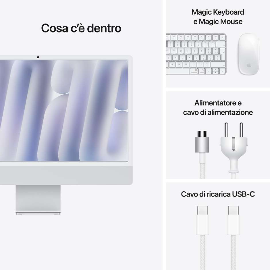 Apple iMac 24" Retina Display 4.5K Ultra HD M4 con CPU 8‑core Ram 16 GB Memoria 256 GB macOS Sequoia Colore Argento