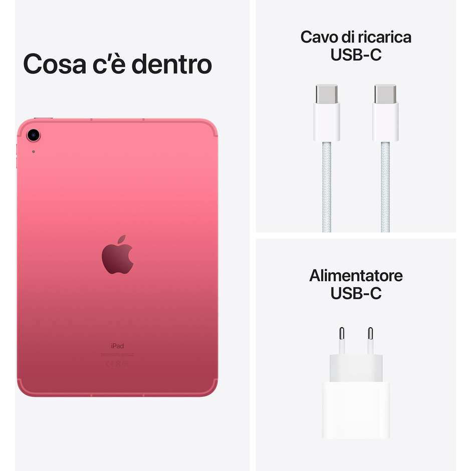 Apple ipad 5G Tablet 10.9" Wi-Fi+Cellular Memoria 256 Gb iPadOS 16 Colore Rosa