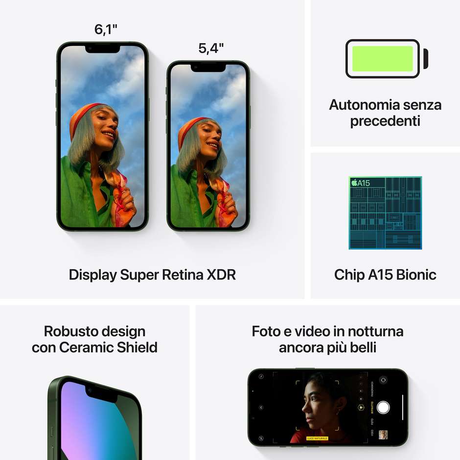 Apple iPhone 13 5G Smartphone 6.1'' Memoria 128 GB iOS 15 Colore Verde