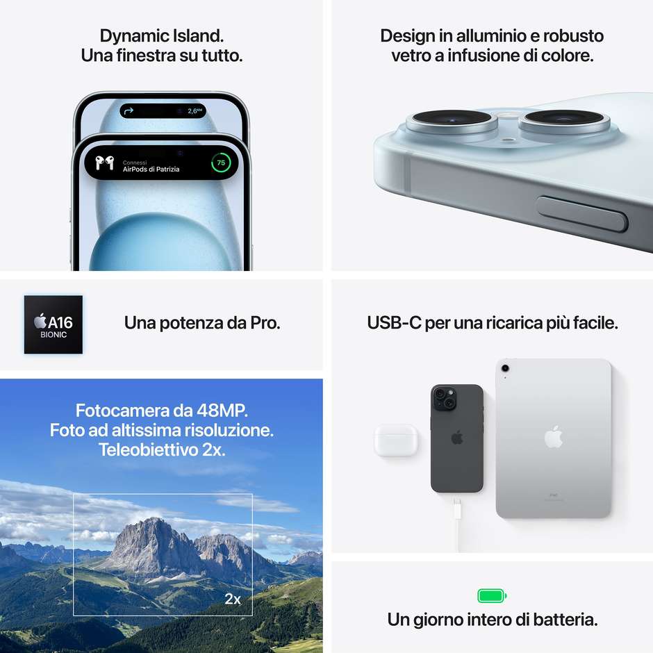 Apple iPhone 15 128 GB nero, display OLED 6,1 pollici e USB-C