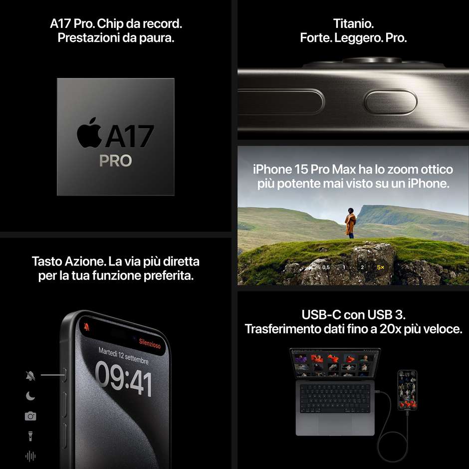 Apple iPhone 15 Pro Smartphone 6,1" Memoria 256 Gb iOS 17 Apple colore Titanium Natural