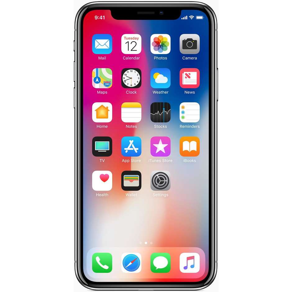 Apple iPhone X MQAG2QL/A Capacità 256 GB Display Super Retina HD 5,8" Risoluzione 2436 x 1125 Pixel Fotocamera 12 MP Face ID Processore A11 64 bit Colore Silver
