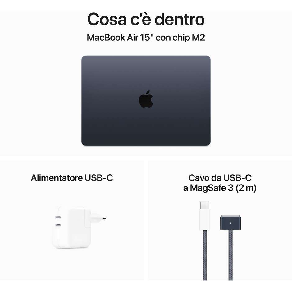 Apple MacBook Air 15" M2 Ram 8 GB Memoria 512 GB macOS Ventura Colore Mezzanotte