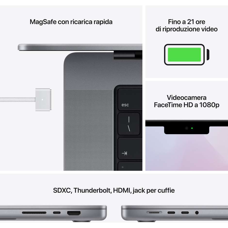 Apple MacBook Pro Notebook 16.2" Full HD M1 Max 10-core Ram 32 Gb SSD 1 Tb macOS Monterey colore Grigio Siderale