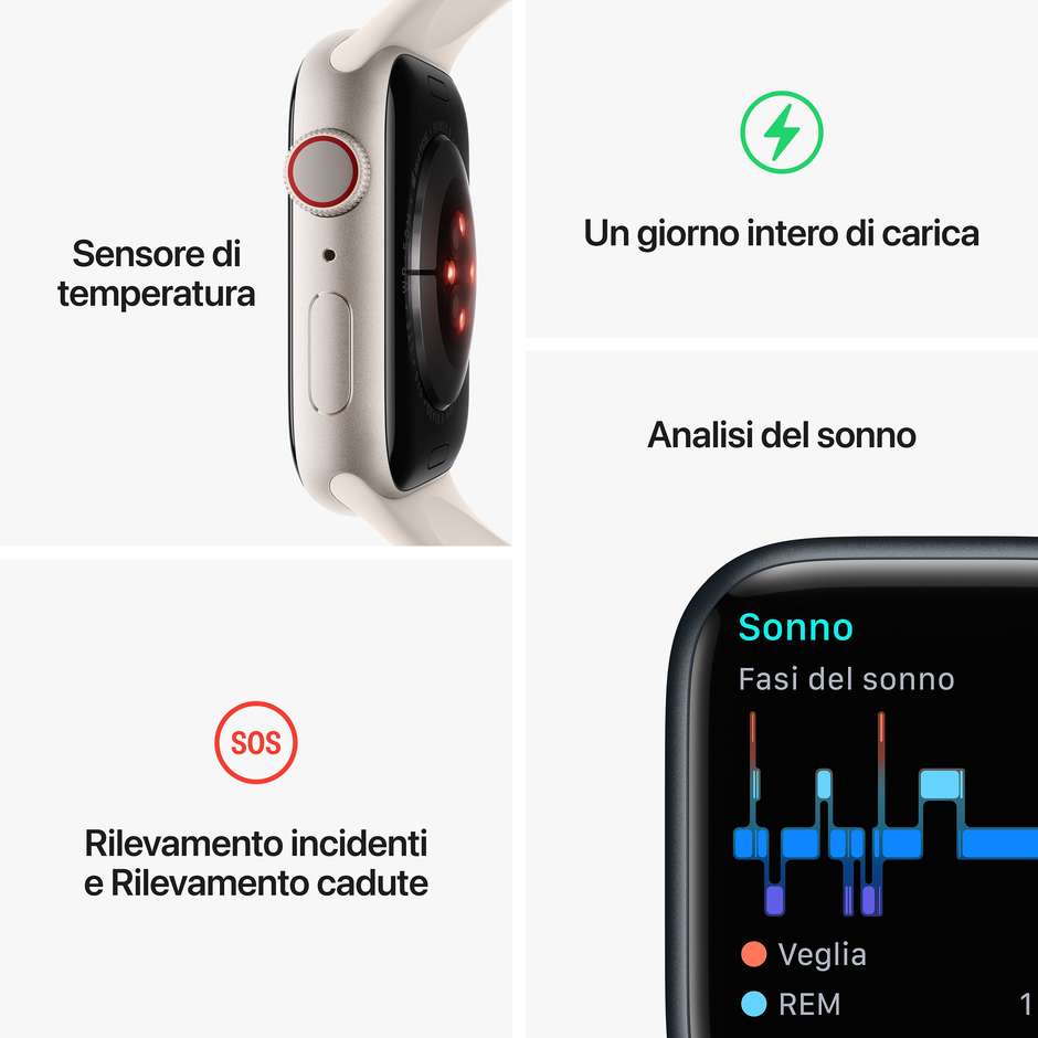 Apple MNHY3TY/A Watch 8 SmartWatch 41mm GPS + Cellular colore bianco con cinturino bianco