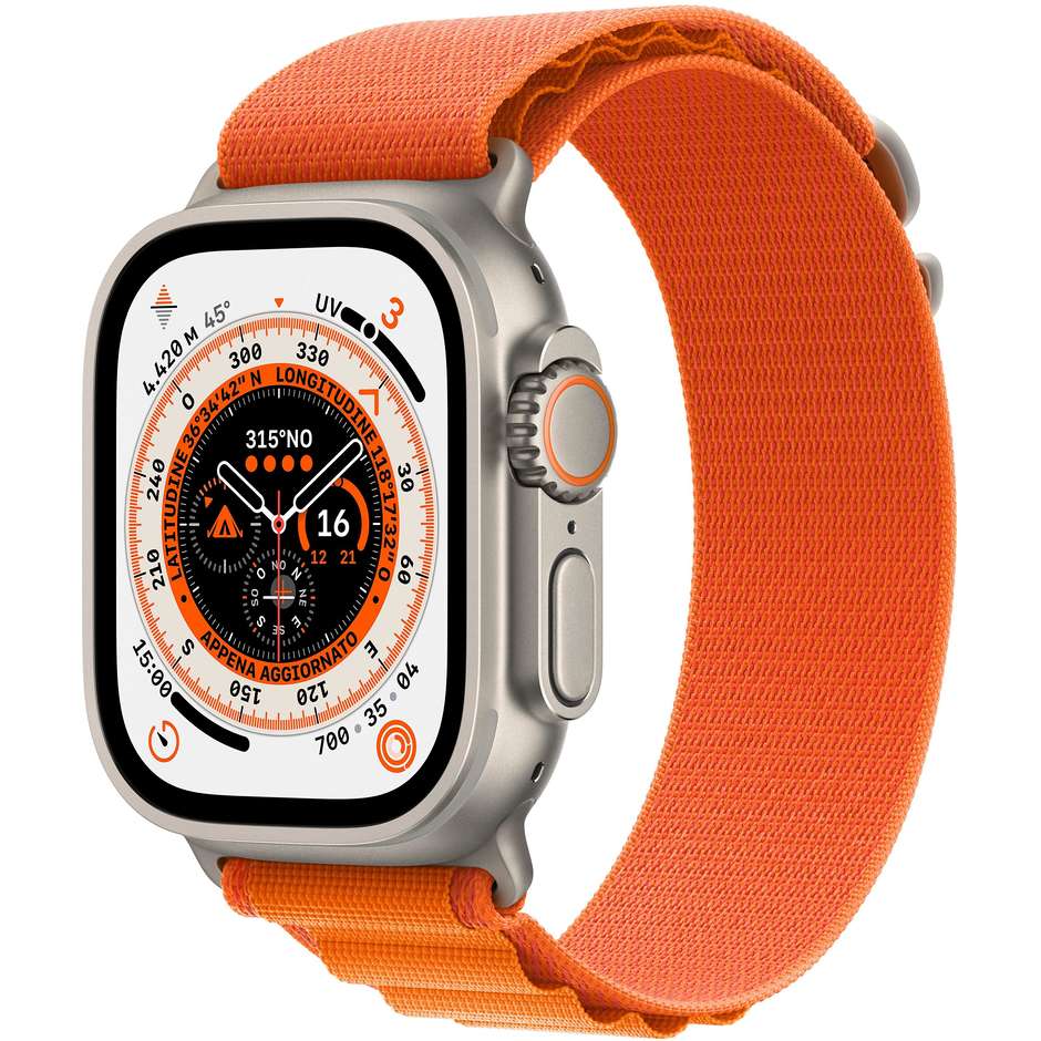 Apple MQFL3TY/A Watch Ultra Smartwatch 49 mm GPS + Cellular 4G Wi-Fi colore Titanio con cinturino Loop Arancione
