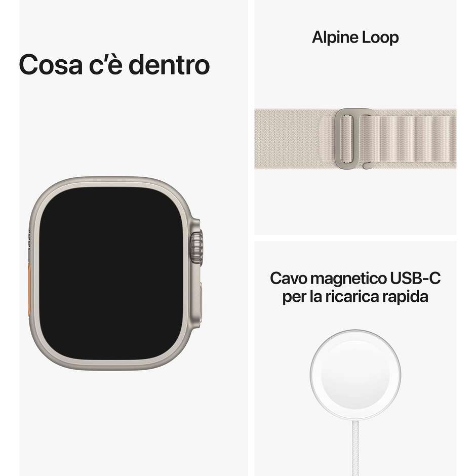 Apple MQFR3TY/A Watch Ultra SmartWatch 49mm GPS + Cellular Colore Titanio con cinturino bianco