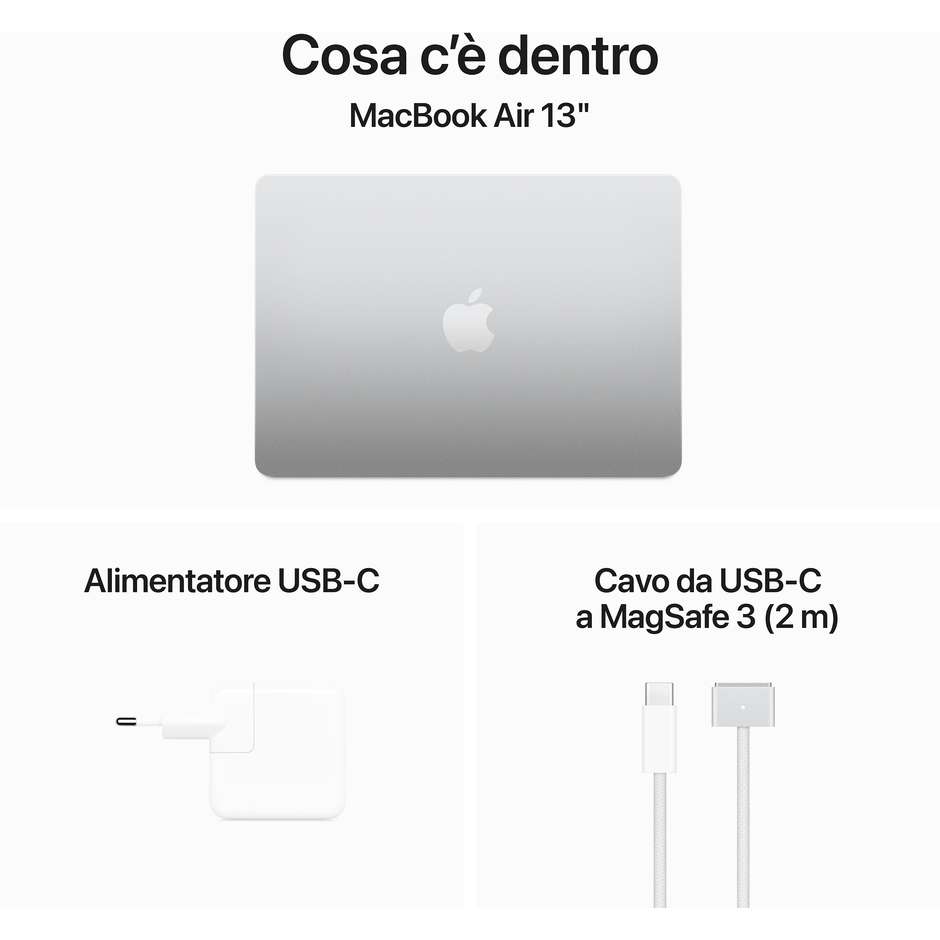 Apple MRXQ3T/A MacBook Air M3 13" Full HD Ram 8 Gb Memoria 256 Gb MacOS Sonoma Colore Argento