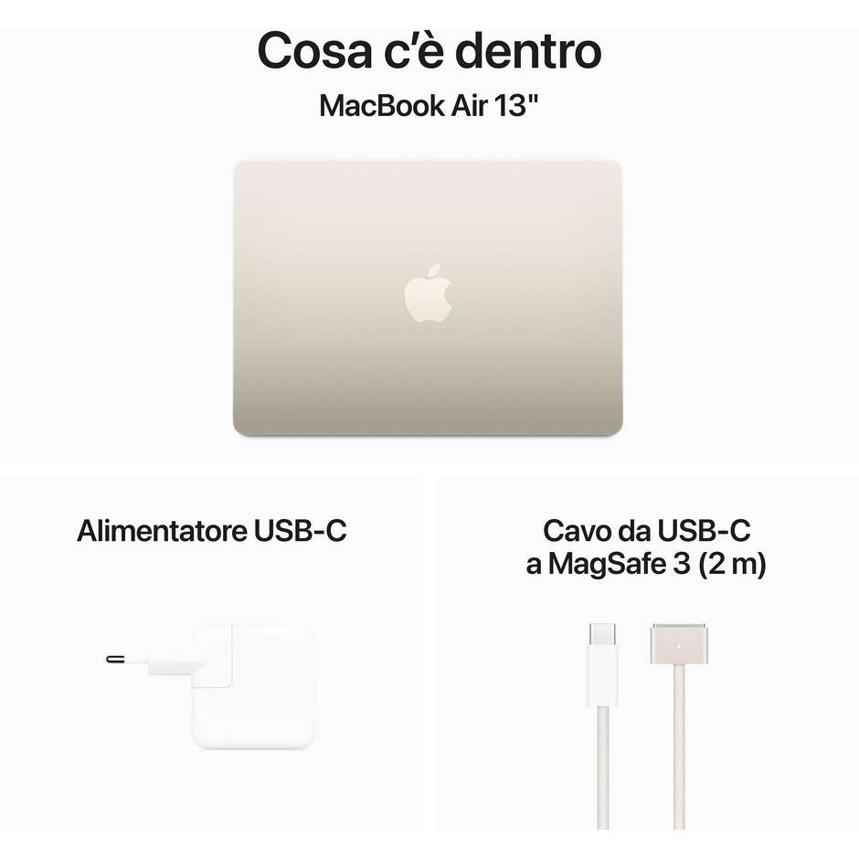 Apple MRXT3T/A MacBook Air M3 13" Full HD Ram 8 Gb Memoria 256 Gb MacOS Sonoma Colore Bianco