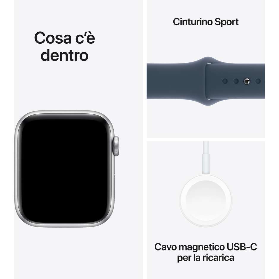 Apple Watch SE (2ª Gen) GPS 44mm Cassa Alluminio Argento con Cinturino Sport Blu Tempesta - S/M