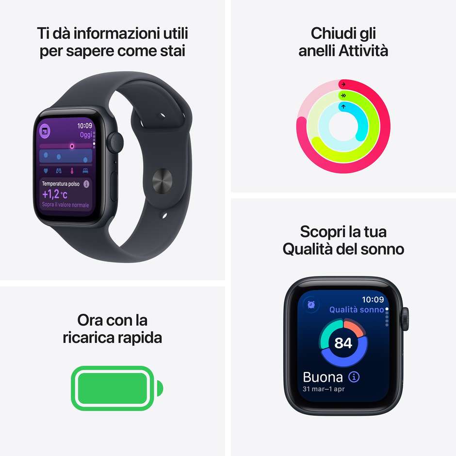 Apple Watch SE (2ª Gen) GPS 44mm Cassa Alluminio Mezzanotte con Cinturino Sport Mezzanotte - M/L