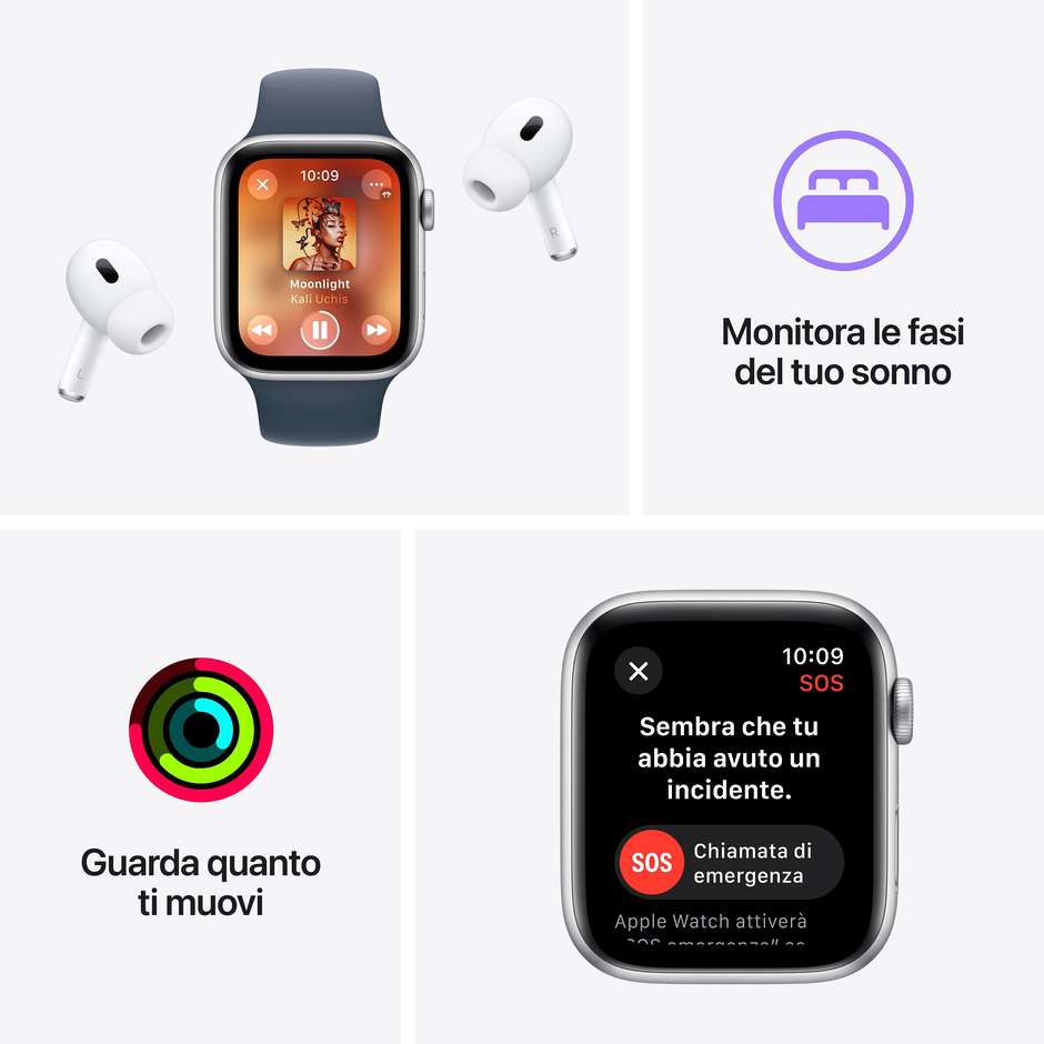 Apple Watch SE (2ª Gen) GPS + Cellular 40mm Cassa Alluminio Argento con Cinturino Sport Blu Tempesta - S/M