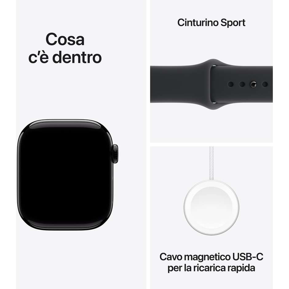 Apple Watch Series 10 GPS 42mm Cassa Alluminio Jet Black con Cinturino Sport Nero - M/L (MEQU4QL/A)