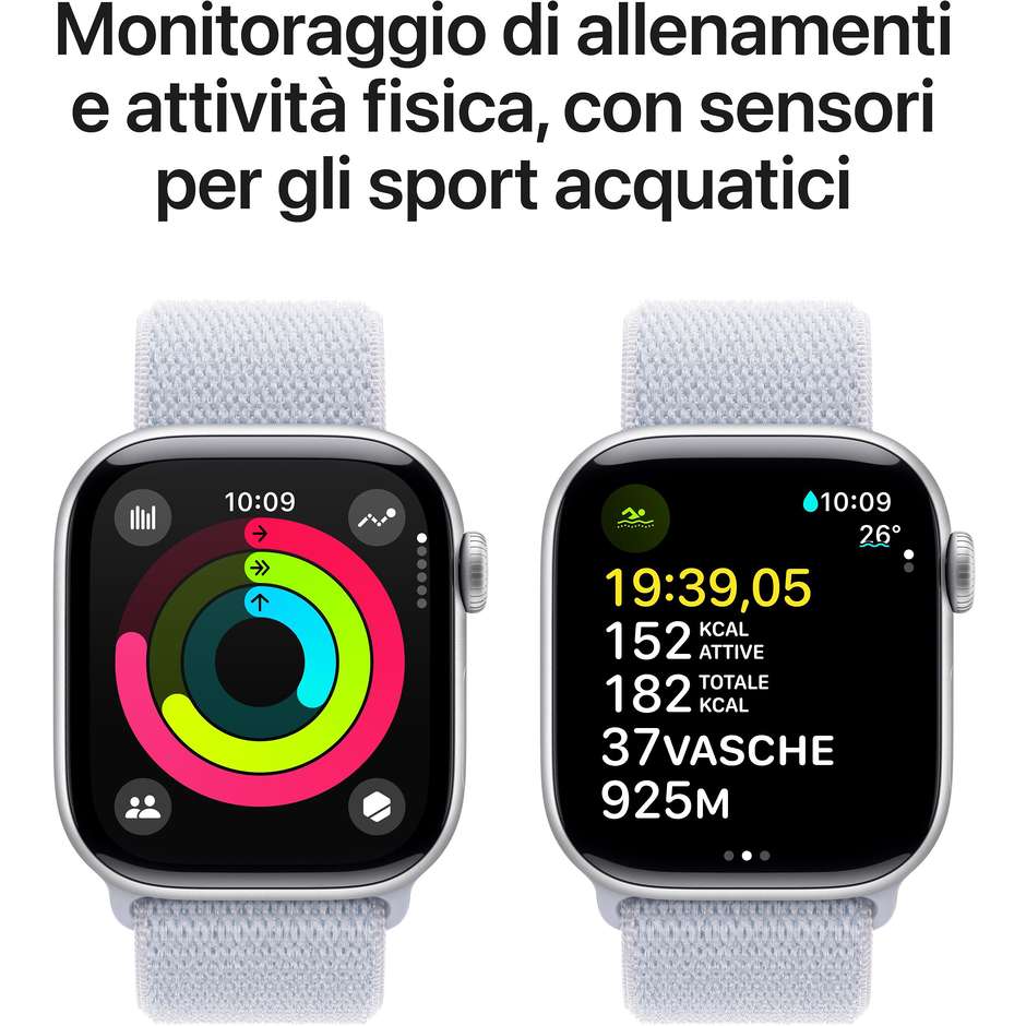 Apple Watch Series 10 GPS 42mm Cassa in Alluminio Wi-Fi Colore Argento con cinturino Blu tempesta Sport Loop