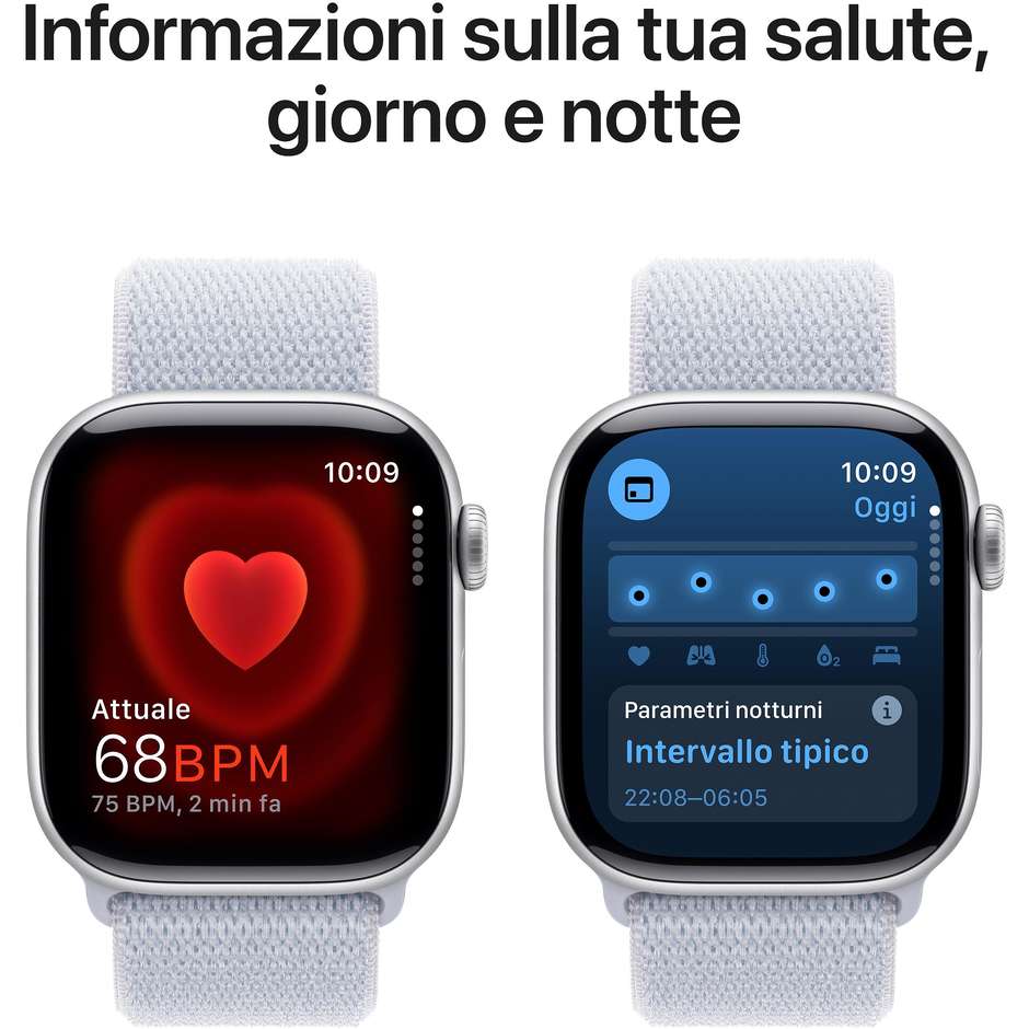 Apple Watch Series 10 GPS 42mm Cassa in Alluminio Wi-Fi Colore Argento con cinturino Blu tempesta Sport Loop