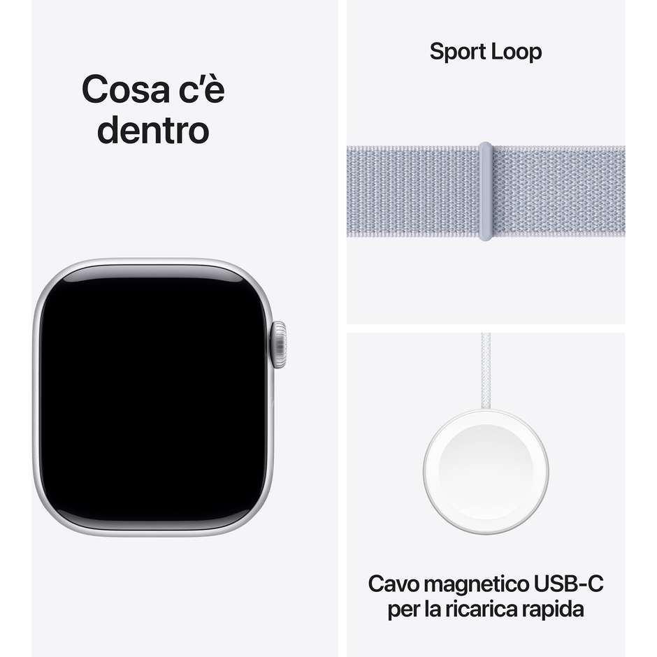 Apple Watch Series 10 GPS 42mm Cassa in Alluminio Wi-Fi Colore Argento con cinturino Blu tempesta Sport Loop