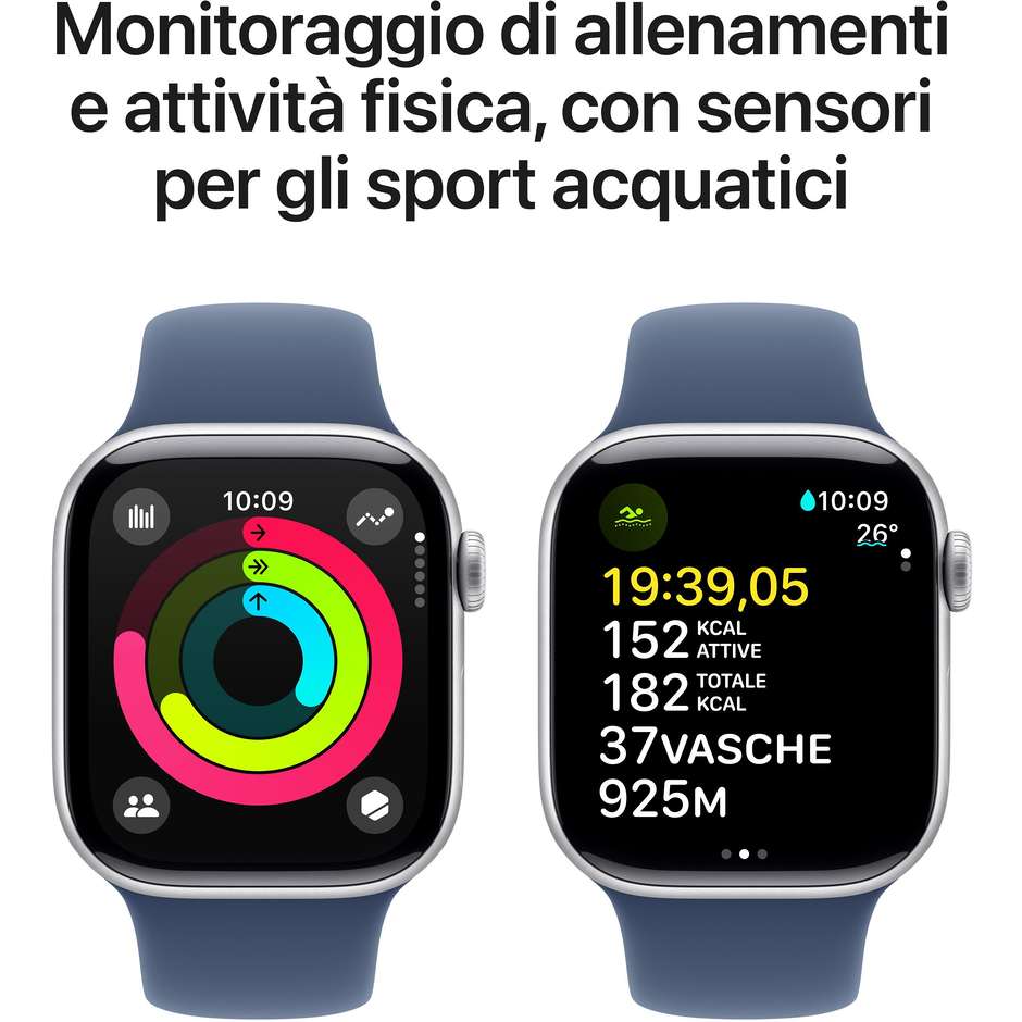 Apple Watch Series 10 GPS 42mm Cassa in Alluminio Wi-Fi Colore Argento con cinturino Denim Sport Band - M/L