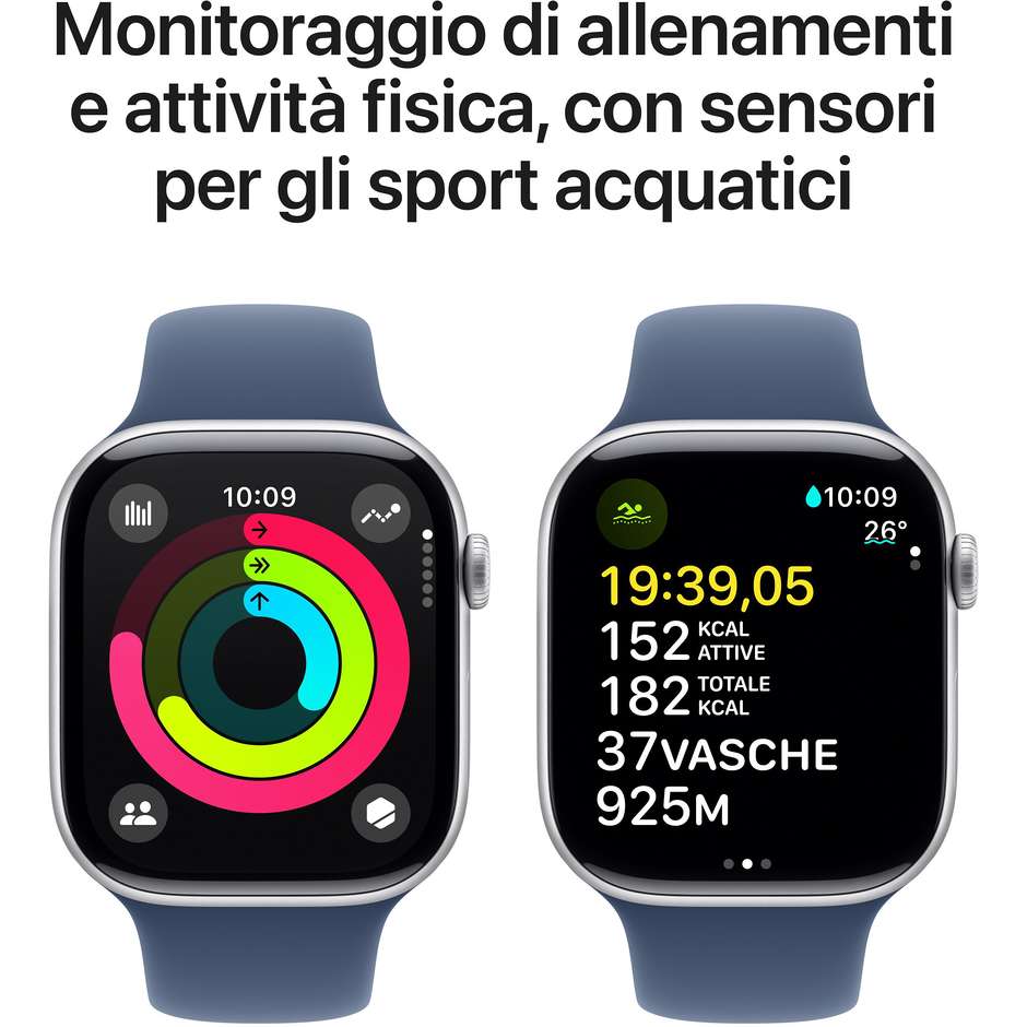 Apple Watch Series 10 GPS 46mm Cassa in Alluminio Wi-Fi Colore Argento con cinturino Denim Sport Band - M/L