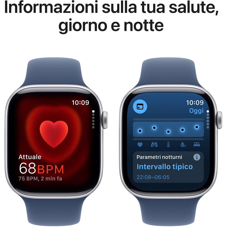 Apple Watch Series 10 GPS 46mm Cassa in Alluminio Wi-Fi Colore Argento con cinturino Denim Sport Band - M/L