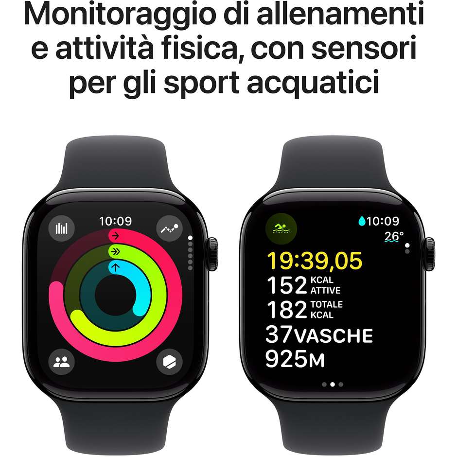 Apple Watch Series 10 GPS 46mm Cassa in Alluminio Wi-Fi Colore Nero con cinturino Nero Sport Band - M/L