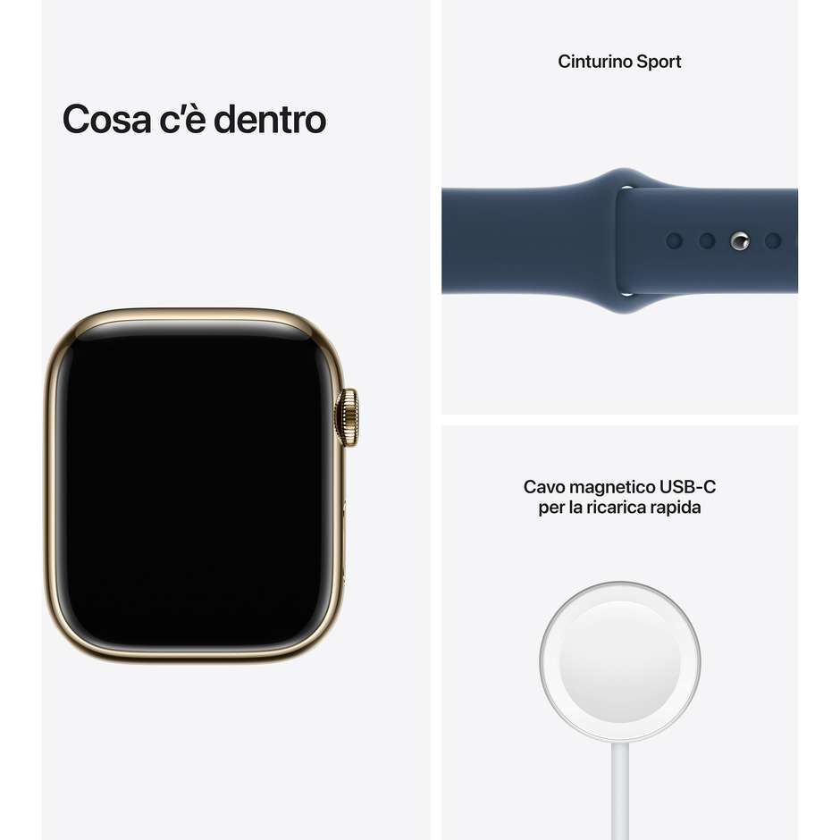 Apple Watch Series 7 GPS + Cellular 45mm Cassa Acciaio Oro con Cinturino Sport Blu Abisso (MN9M3TY/A)
