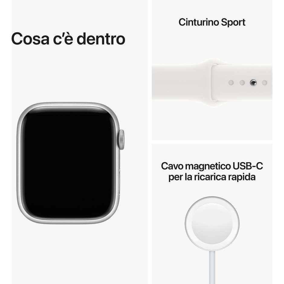 Apple Watch Series 8 GPS 45mm Cassa Alluminio Argento con Cinturino Sport Bianco (MP6N3TY/A)