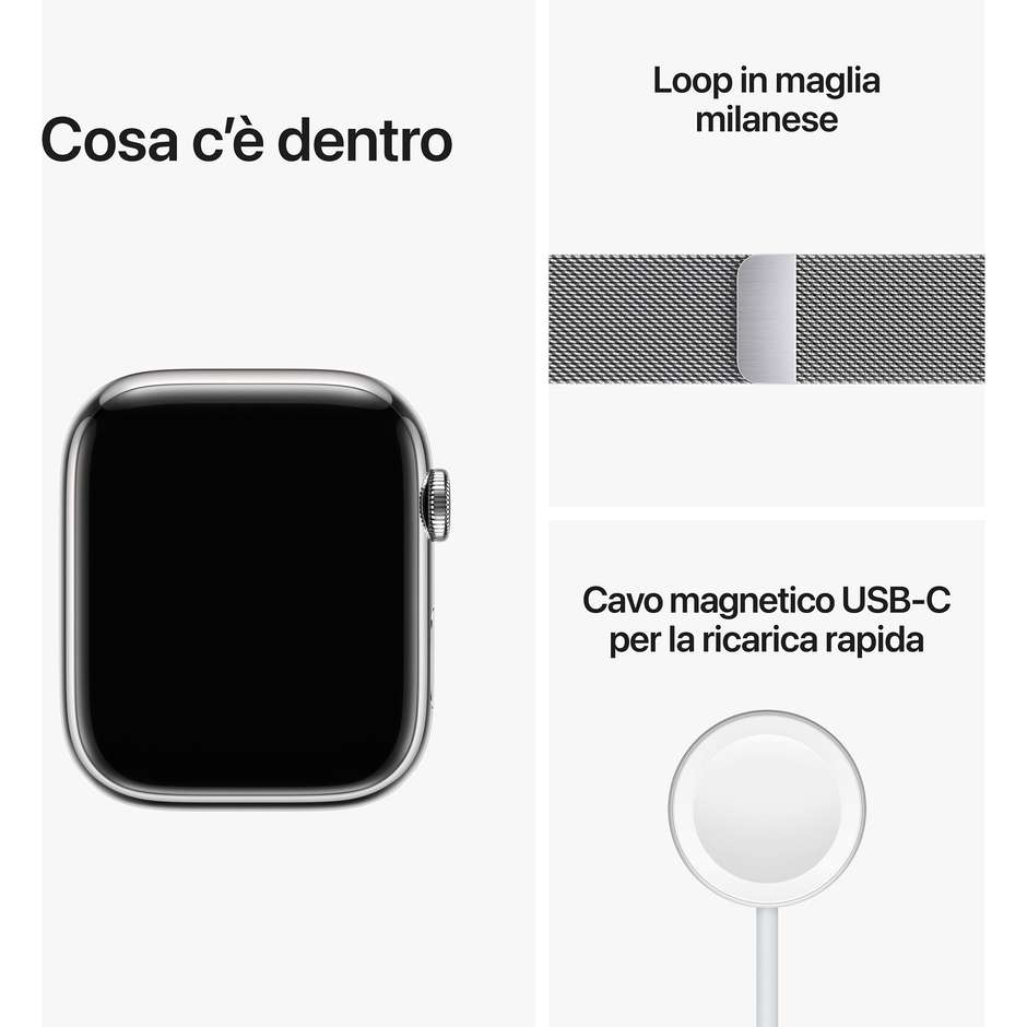 Apple Watch Series 8 GPS + Cellular 45mm Cassa Acciaio Argento con Bracciale Milanese Argento