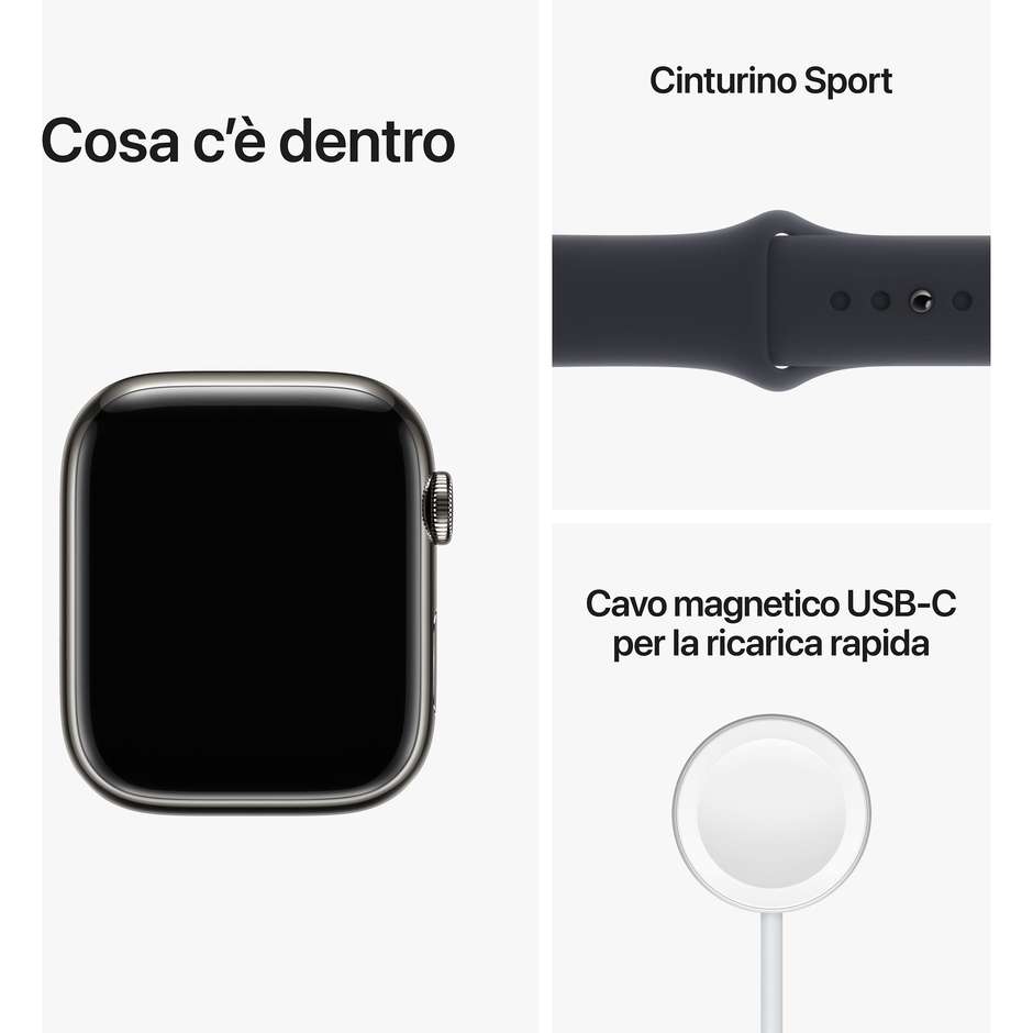 Apple Watch Series 8 GPS + Cellular 45mm Cassa Acciaio Grafite con Cinturino Sport Nero