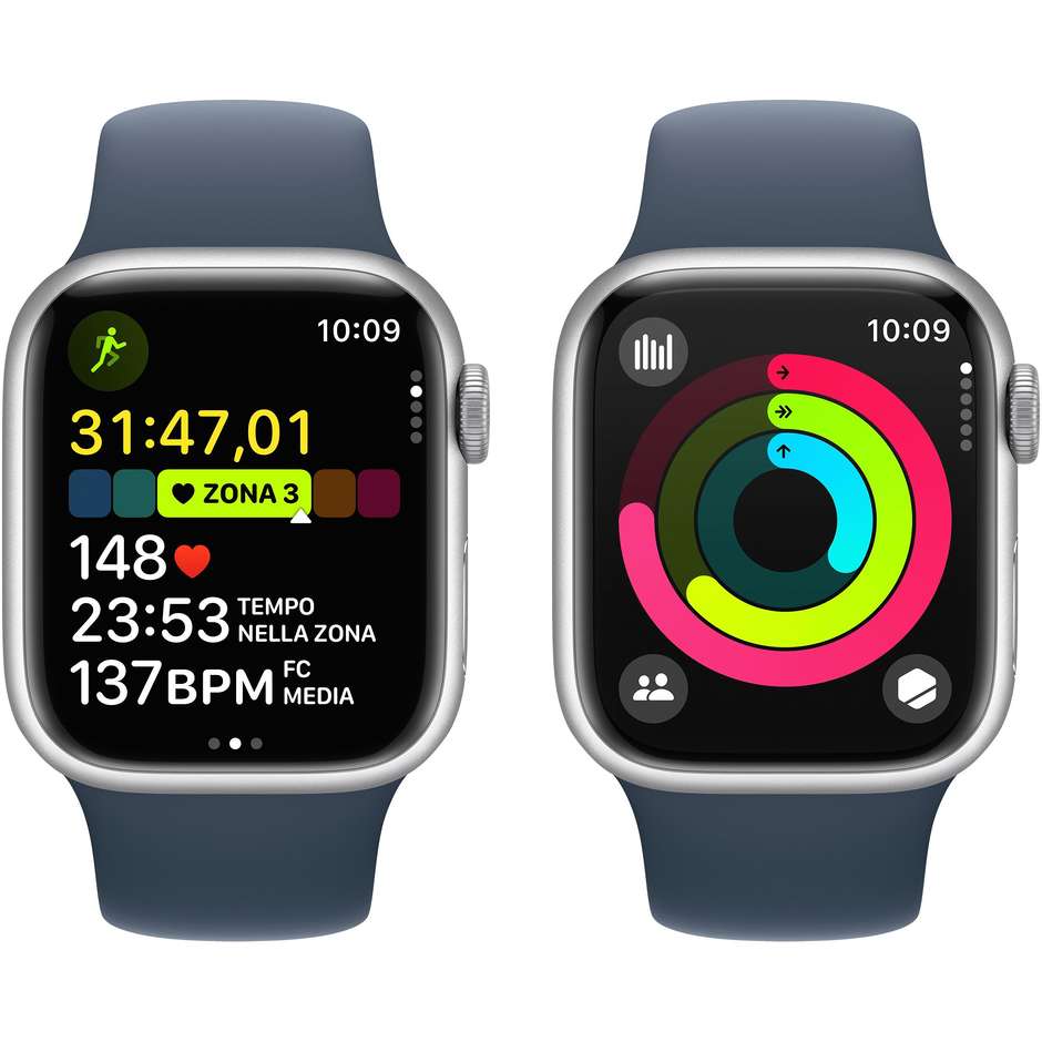 Apple Watch Series 9 GPS Cassa 41mm in Alluminio Argento con Cinturino Sport Blu Tempesta - S/M