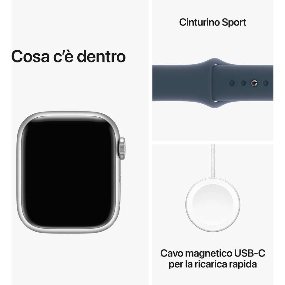 Apple Watch Series 9 GPS Cassa 41mm in Alluminio Argento con Cinturino Sport Blu Tempesta - S/M