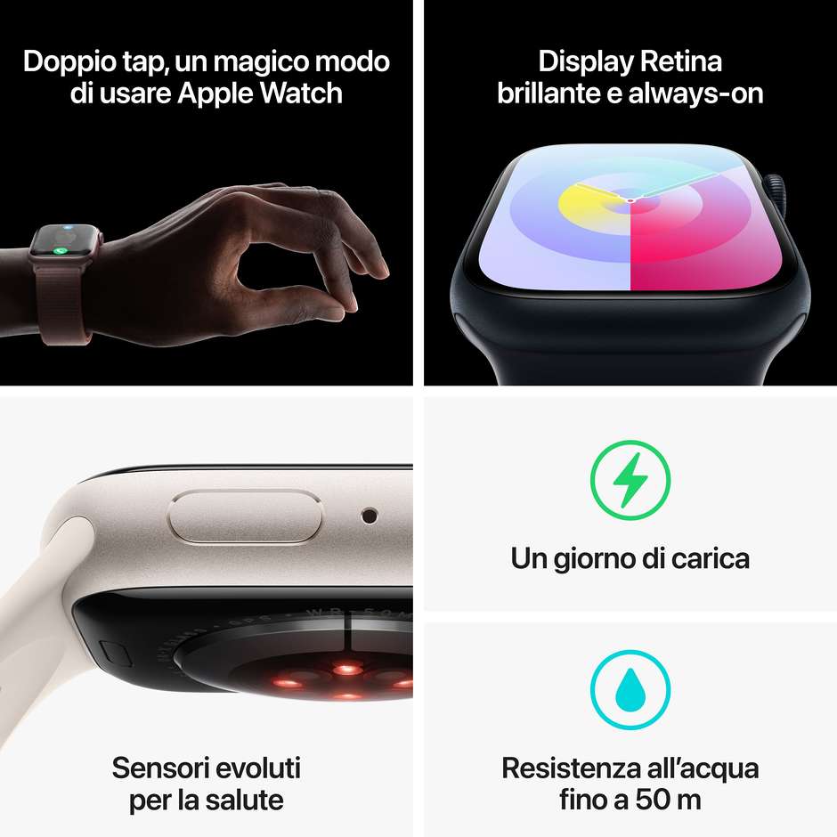 Apple Watch Series 9 GPS Cassa 41mm in Alluminio Mezzanotte con Cinturino Sport Mezzanotte - S/M