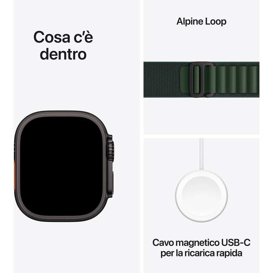 Apple Watch Ultra 2 GPS + Cellular 49mm Cassa in Titanio Colore Nero con cinturino Dark Green Alpine Loop - Large