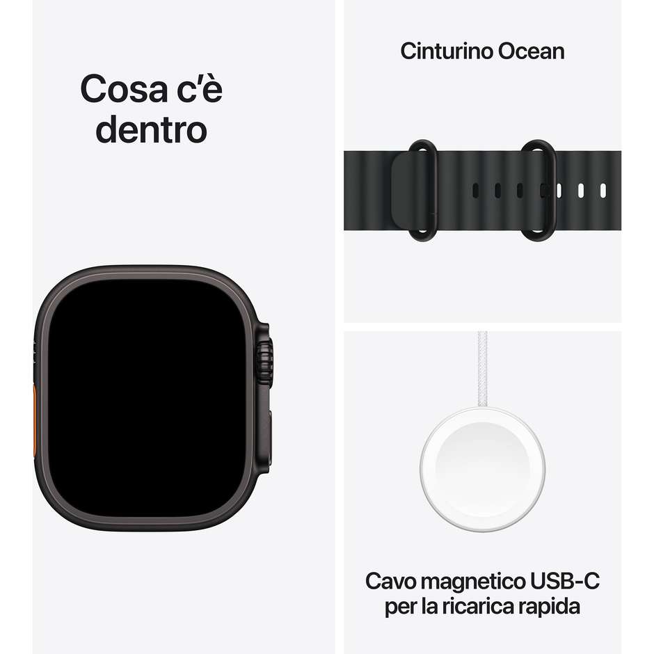 Apple Watch Ultra 2 GPS + Cellular 49mm Cassa in Titanio Colore Nero con cinturino Nero Ocean Band