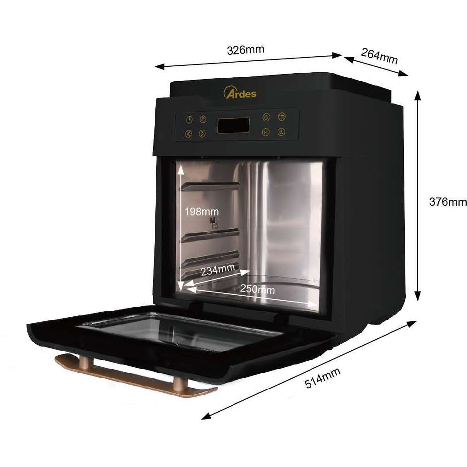 ARDES AR1K3000 Friggitrice ad Aria Calda e Fornetto Ibrido Capacita 12 Lt + Accessori Potenza 1700 W Colore Nero