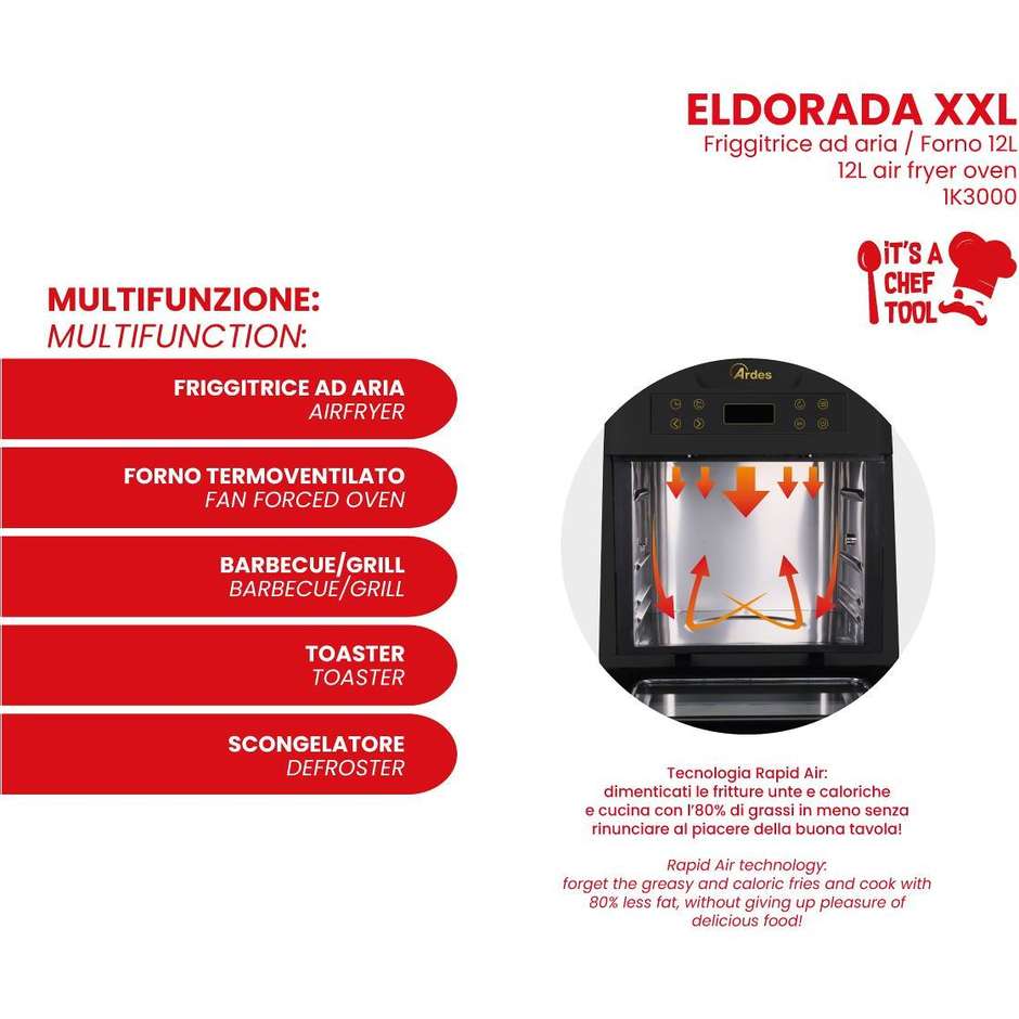 ARDES AR1K3000 Friggitrice ad Aria Calda e Fornetto Ibrido Capacita 12 Lt + Accessori Potenza 1700 W Colore Nero