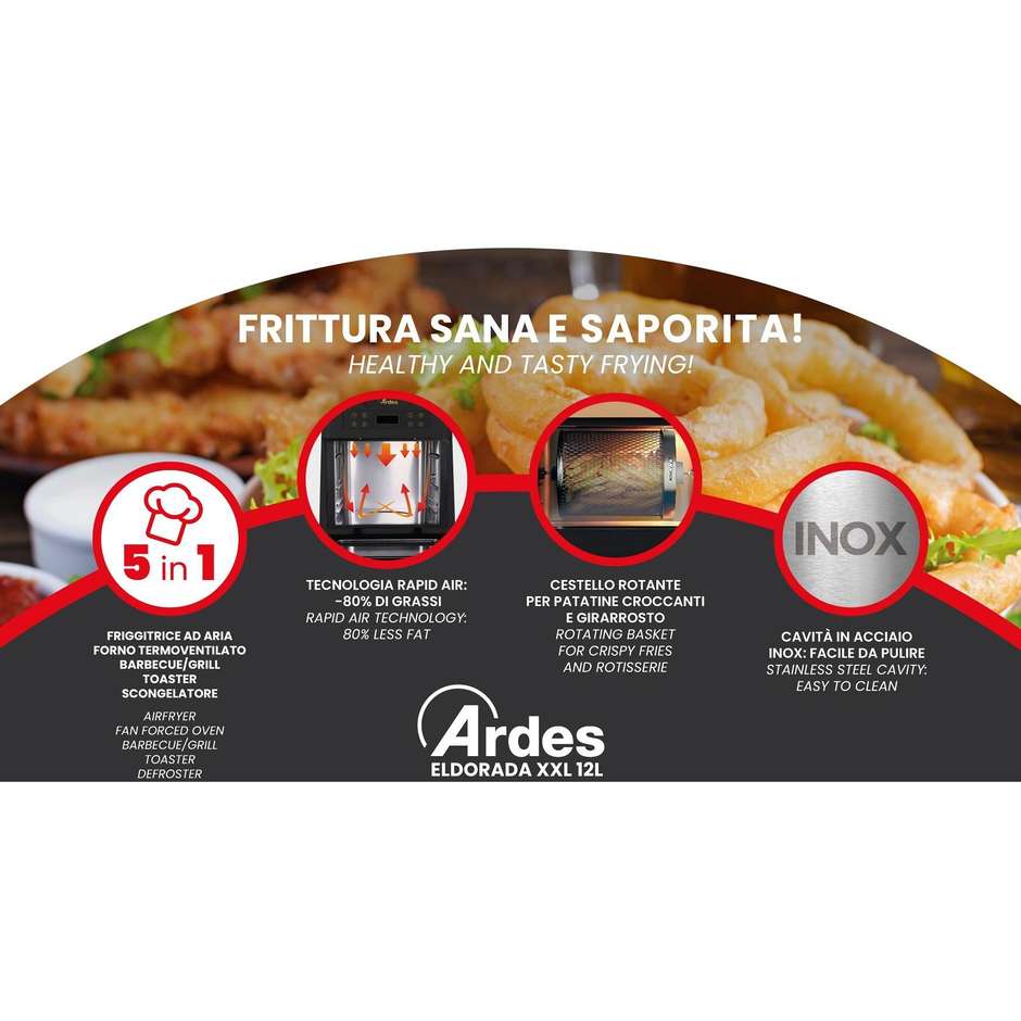 ARDES AR1K3000 Friggitrice ad Aria Calda e Fornetto Ibrido Capacita 12 Lt + Accessori Potenza 1700 W Colore Nero