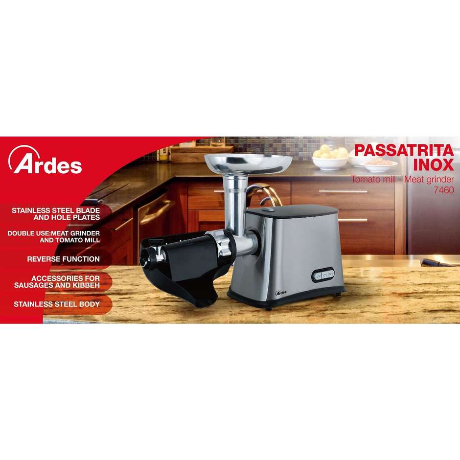 ARDES Tritacarne e Passapomodoro Elettrico Professionale Macchina Macina Carne Elettrica Potenza 900 W Colore Nero, Acciaio inox
