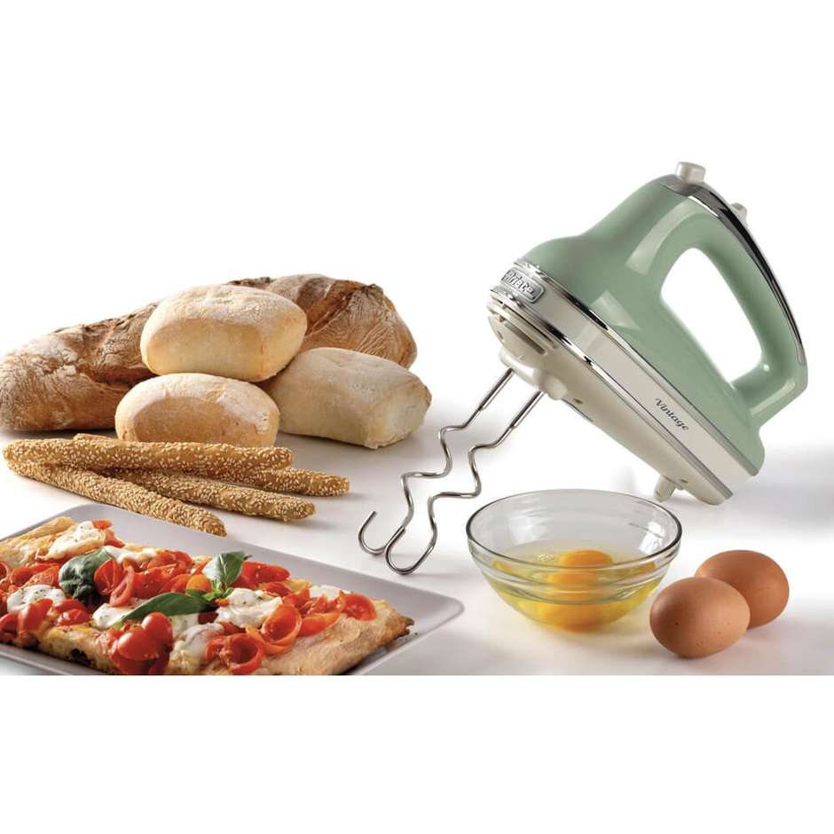 Ariete 154804 Sbattitore Elettrico Manuale 450W 5 Velocità con Fruste e Ganci Impastatori Inox, Verde