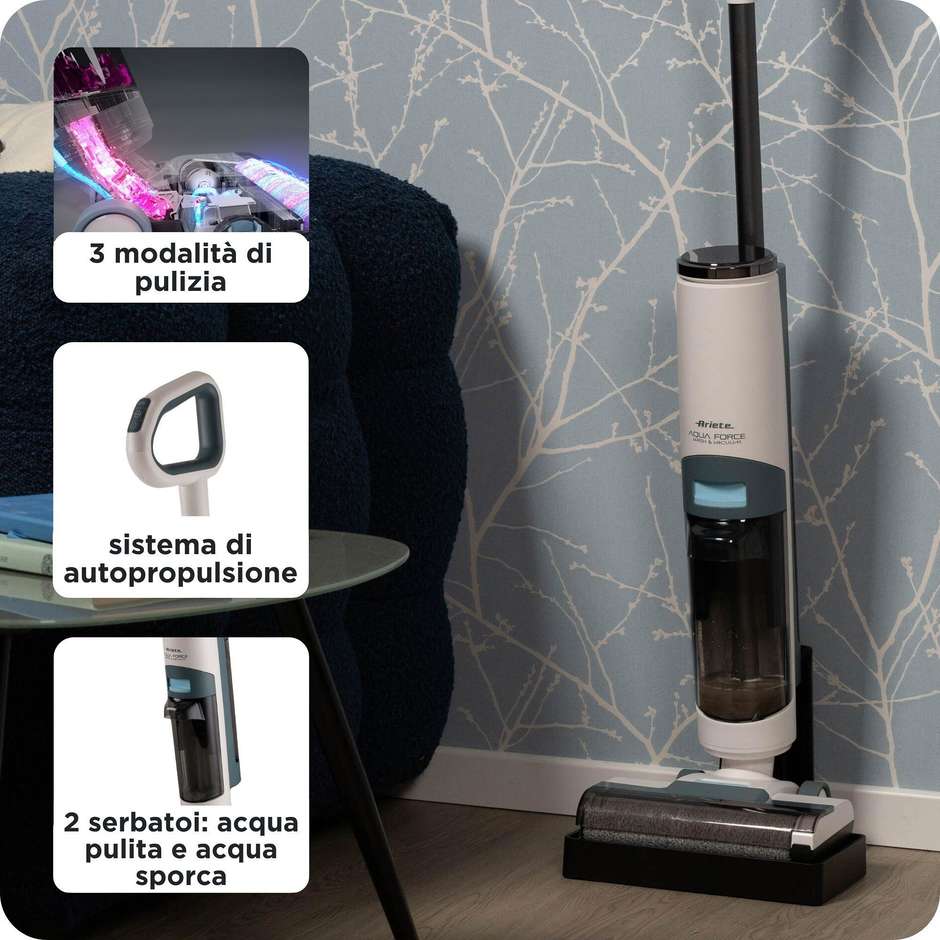 Ariete 2483 Aspirapolvere Intelligente Lavapavimenti cordless 700ml Accessori inclusi Colore Bianco, Azzurro