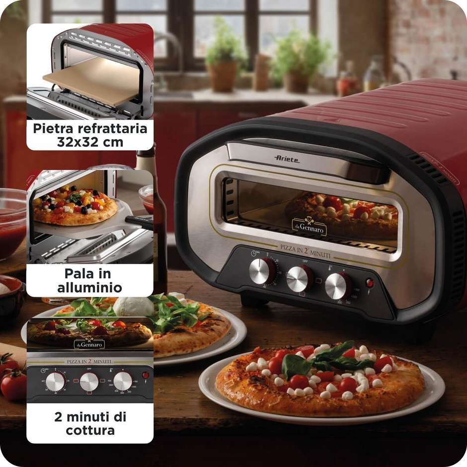 Ariete 3901 Forno Elettrico da Tavolo per Pizza con Pietra Refrattaria, 2200 W, 430 °C, Rosso
