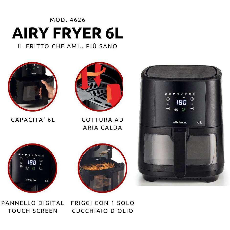 Ariete 4626 Friggitrice ad aria Capacita 6 Lt Potenza 1300 W 8 programmi Colore Nero