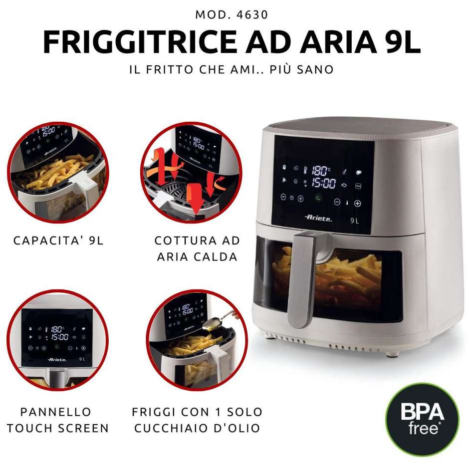Ariete 4630 Friggitrice ad Aria Calda 9 L 1500 W con Cestello Singolo Antiaderente Bianco